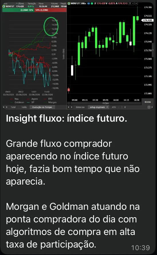 Captura da mesa: insight de fluxo no índice futuro, com o saldo por corretora e o gráfico de cinco minutos do WINFUT.