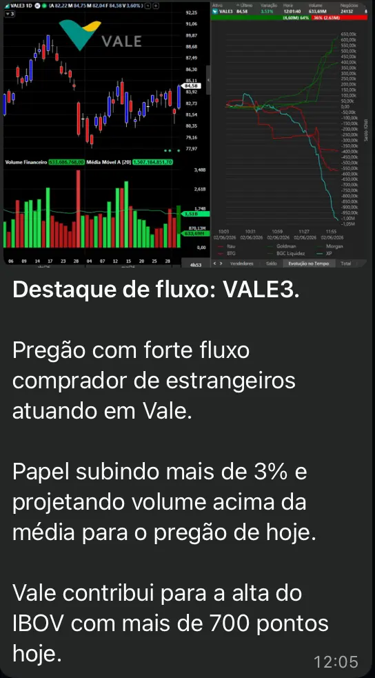 Captura da mesa: destaque de fluxo em VALE3, com o gráfico diário e o saldo por corretora mostrando compra de estrangeiros.