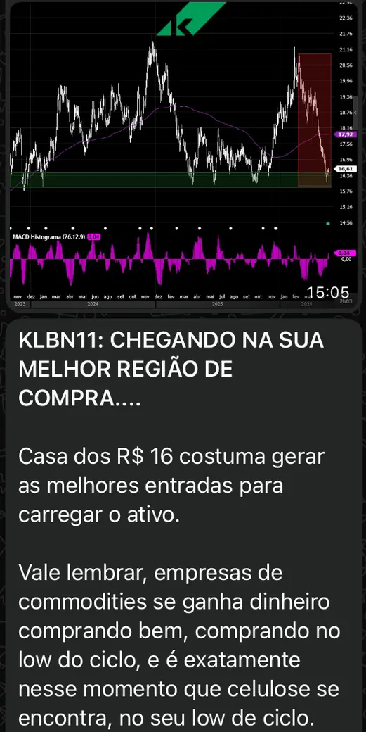 Captura da mesa: leitura sobre KLBN11 na casa dos R$ 16, com o gráfico de longo prazo e o MACD.