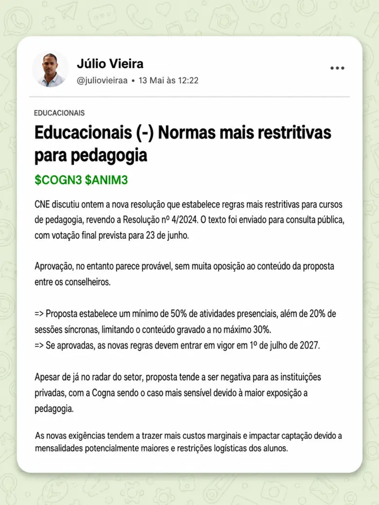 Post da mesa sobre as normas mais restritivas para cursos de pedagogia discutidas no CNE e o impacto sobre COGN3 e ANIM3.