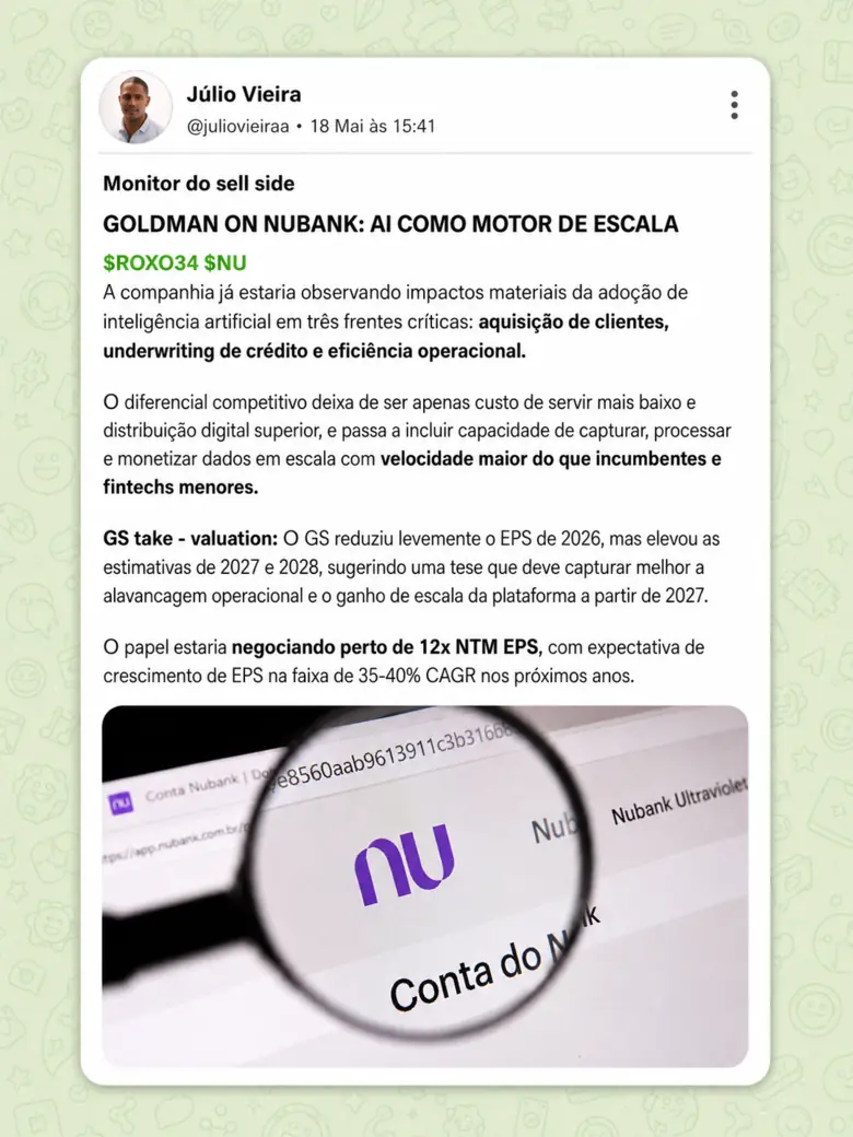 Post da mesa: leitura do Goldman sobre o Nubank e a inteligência artificial como motor de escala, com ROXO34 e NU.