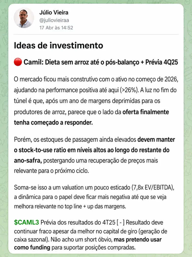 Post da mesa: ideia de investimento sobre a Camil e a prévia do quarto trimestre, com CAML3.