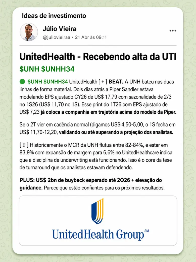 Post da mesa: ideia de investimento sobre a UnitedHealth depois do resultado do primeiro trimestre, com UNH e UNHH34.