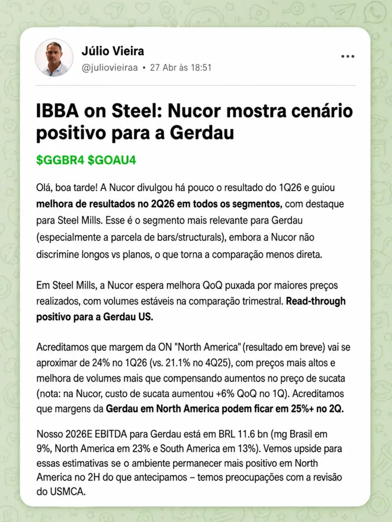 Post da mesa: leitura do Itaú BBA sobre siderurgia — o resultado da Nucor e o efeito para a Gerdau, com GGBR4 e GOAU4.